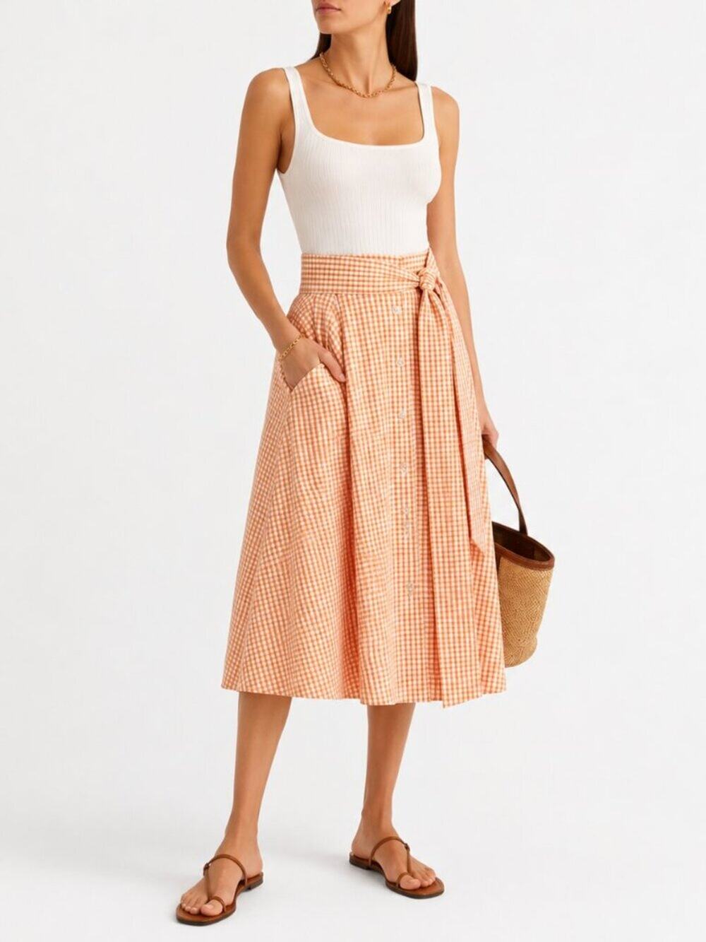 Lisa Marie Fernandez Gingham Wrap Maxi Skirt Peach White Cotton Size 1 Small